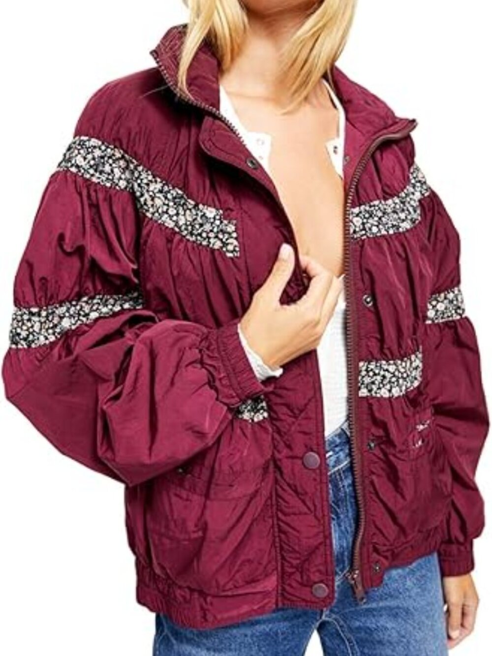 We The Free People On My Mind Oversize Bomber Jacket Coat Floral Sz XS Burgundy